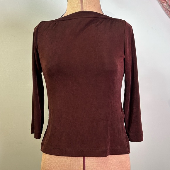 BCBG Max Azria Vintage Boatneck Chocolate Brown Slinky Top Size Small - Picture 7 of 13